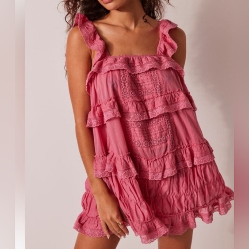 Charming Pink Ruffled Summer Casual Sleeveless Rumper Flowy Boho Dress Sz Large